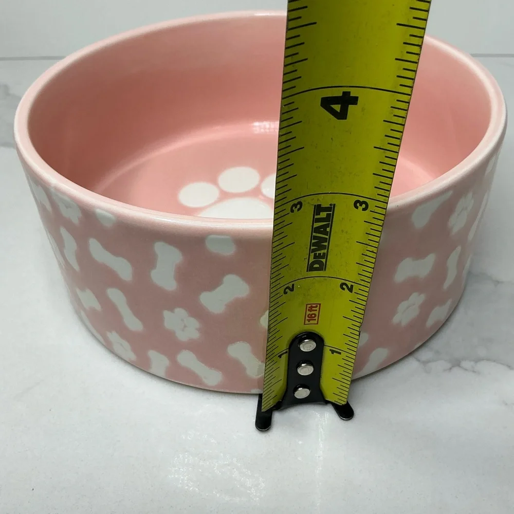Stoneware Dog Bowl Pink Bones & Paw Print 6” Microwave & Dishwasher Safe New